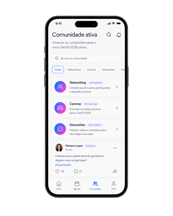 Tela da comunidade ativa do app TechFil 2026