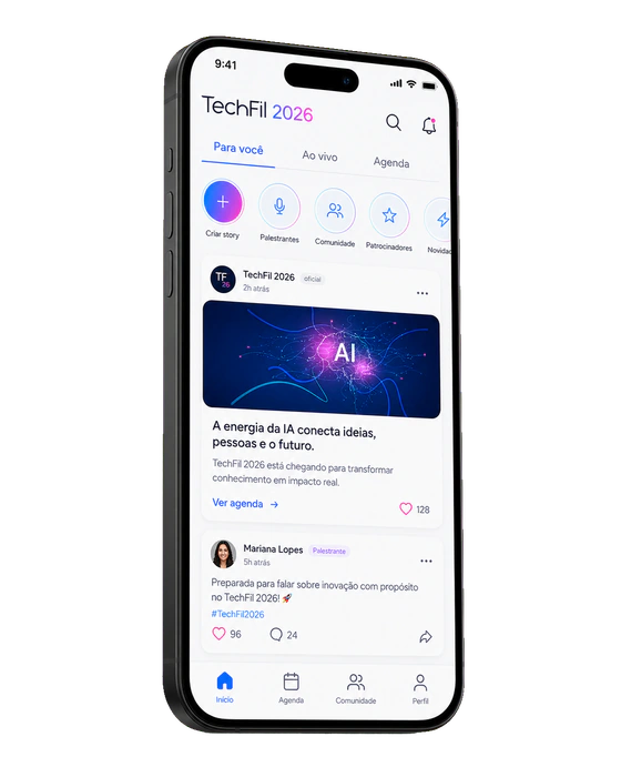 Tela do feed social do app TechFil 2026