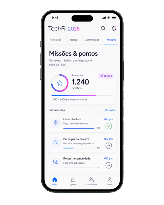 Tela de missões e pontos do app TechFil 2026