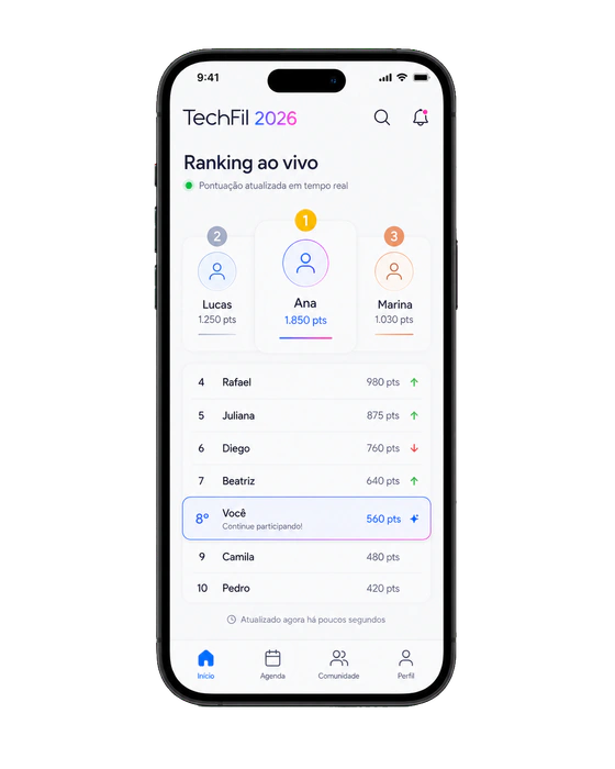Tela de ranking ao vivo do app TechFil 2026